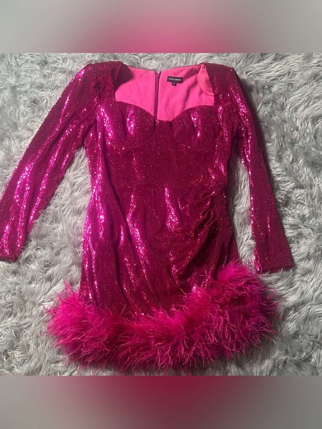 Nadine Merabi Hot Pink Sequin Feather Hem Mini Dress